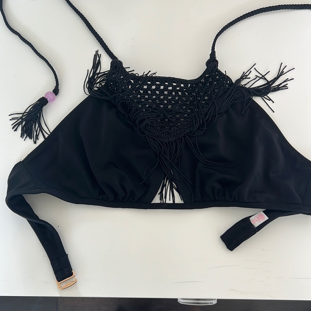 Black Bathing Suit Top With Fringe